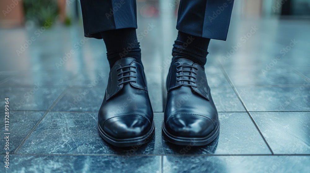 Close-up of elegant black dress shoes worn by a man in a formal setting, highlighting style and professionalism. Close-up of elegant black dress shoes worn by a man in a formal setting, highlighting style and professionalism.