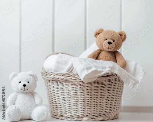 Charming teddy bears in a cozy basket, perfect for capturing innocence and comfort in children's spaces. photo