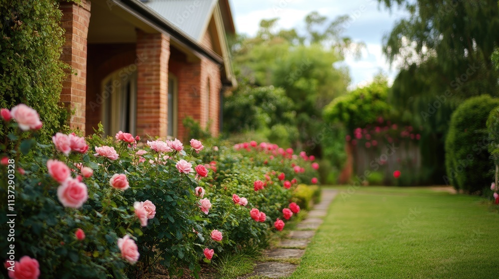 A front yard with a row of rose bushes leading to a charming brick house