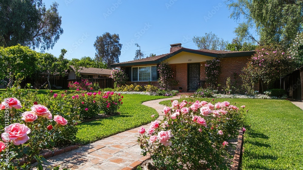 Naklejka premium A front yard with a row of rose bushes leading to a charming brick house