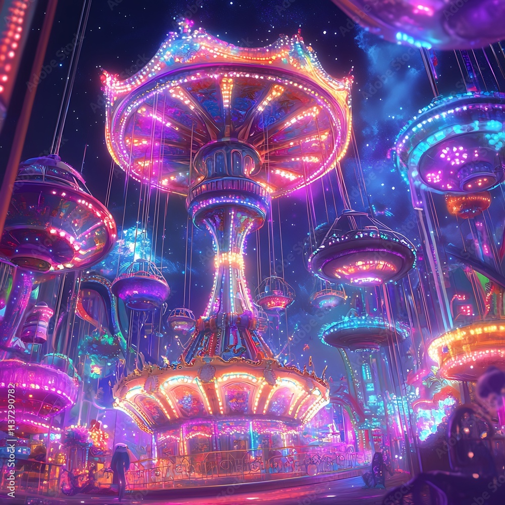 Fototapeta premium Illuminated carousel at night, whimsical, fantasy, colorful lights, futuristic design, magical atmosphere.