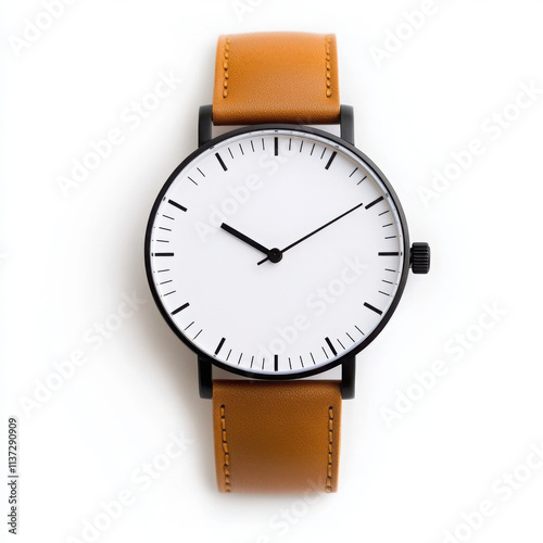 Minimalist watch with a sleek design and leather strap.