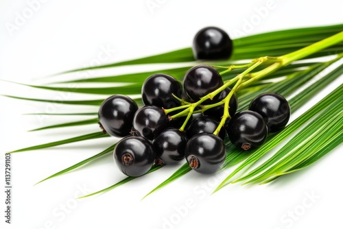 Fresh Black Currants with Vibrant Green Palm Leaf on White Background, Natural Freshness Concept