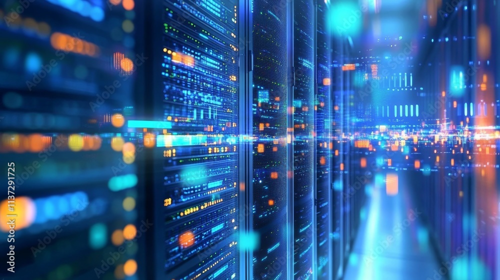 Fototapeta premium Close-Up View of Colorful Server Rack Filled with Rows of Various Patterned Servers in Neat and Futuristic Data Center Setting