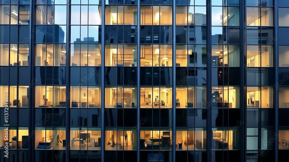 A modern glass building glowing with warm interior lights, showcasing an urban workspace in the evening, created by Generative Ai A modern glass building glowing with warm interior lights, showcasing an urban workspace in the evening, created by Generative Ai
