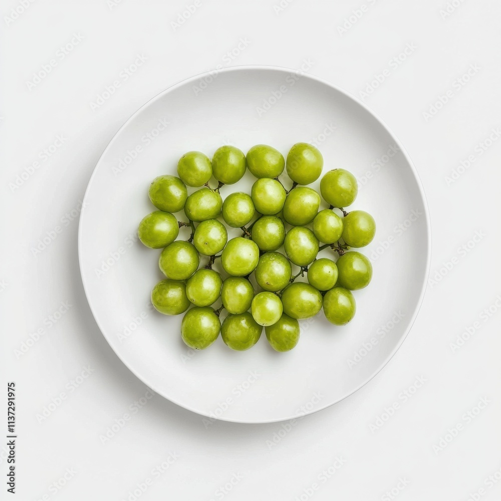 A minimalist plate of fresh green grapes, neatly arranged in a simple pattern on a plain white ceramic plate, Grapes centered A minimalist plate of fresh green grapes, neatly arranged in a simple pattern on a plain white ceramic plate, Grapes centered