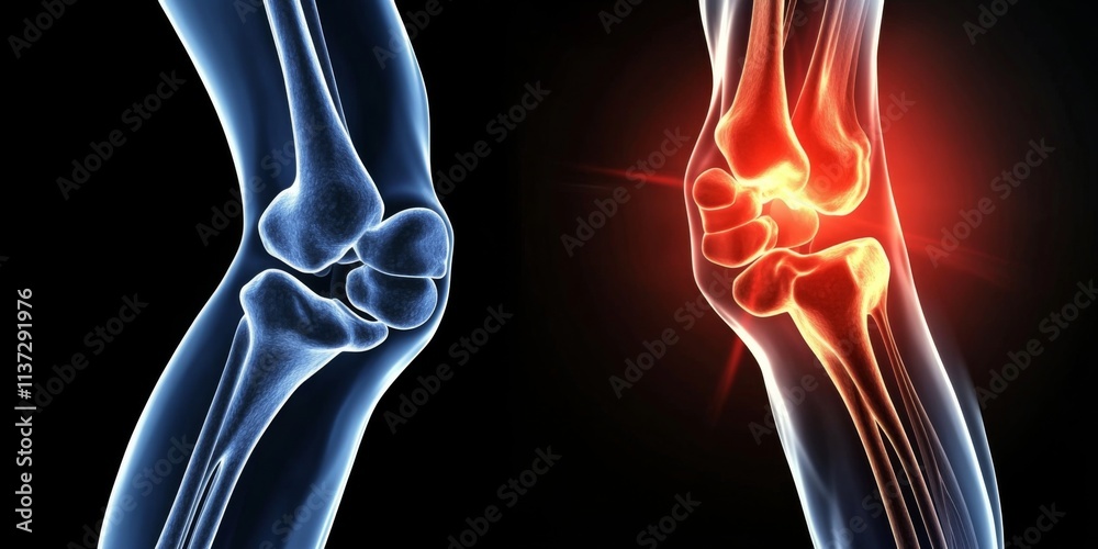 Dynamic 3D Human Knee Joint Illustration in Pain, with Blue Bones and Red Joint in Motion Dynamic 3D Human Knee Joint Illustration in Pain, with Blue Bones and Red Joint in Motion
