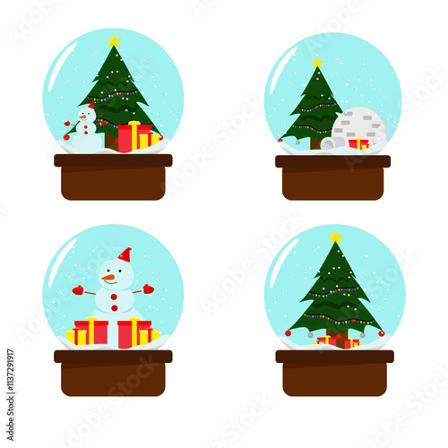 Christmas Crystal Snow Ball set for Christmas day with balls, gift, Christmas tree, snowman and snow dome., white background (vector style)