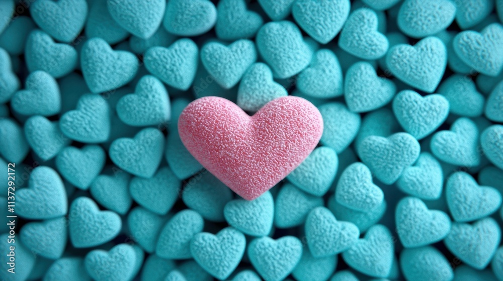 Obraz premium Colorful Heart Candy surrounded by Blue Heart Shapes on Surface