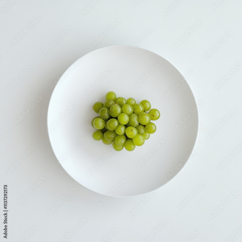 A minimalist plate of fresh green grapes, neatly arranged in a simple pattern on a plain white ceramic plate, Grapes centered A minimalist plate of fresh green grapes, neatly arranged in a simple pattern on a plain white ceramic plate, Grapes centered