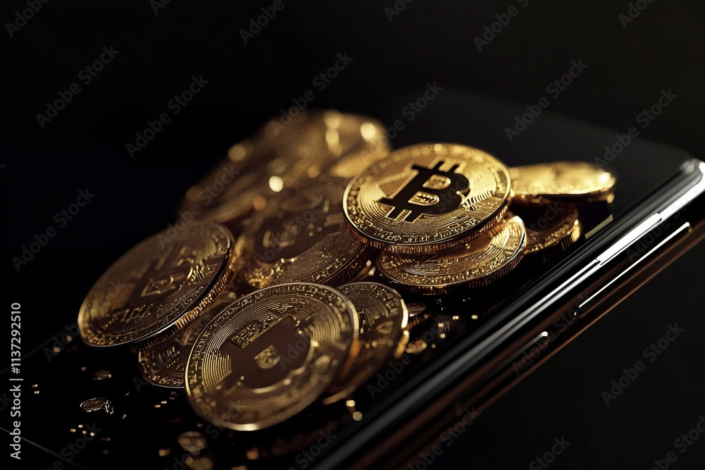 Cryptocurrency coins piled on a smartphone screen reflecting financial technology trends Cryptocurrency coins piled on a smartphone screen reflecting financial technology trends