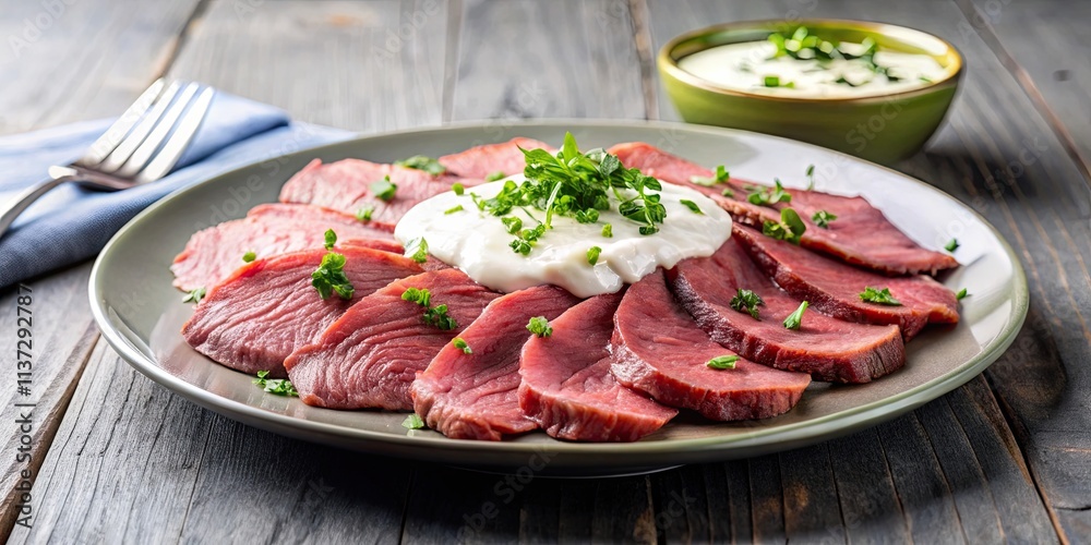 Raw roast beef with horseradish sauce and chives on a plate, raw roast beef, roast beef, food Raw roast beef with horseradish sauce and chives on a plate, raw roast beef, roast beef, food