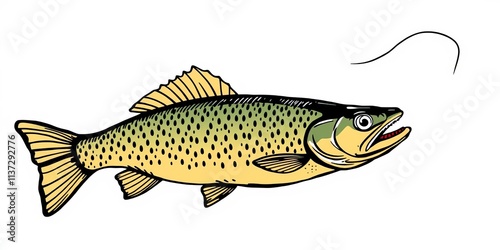 Hand drawn vector illustration of various fish species including herring, trout, flounder, carp, tuna, and sprat in a fishing theme, carp, flounder