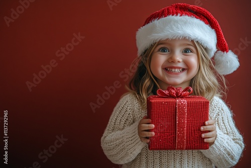 Festive season advertising visual idea image for brochure and web marketing use. Child girl joyful in a red santa cap, with acation box. Holiday festive posters. Santa costume ideas. photo