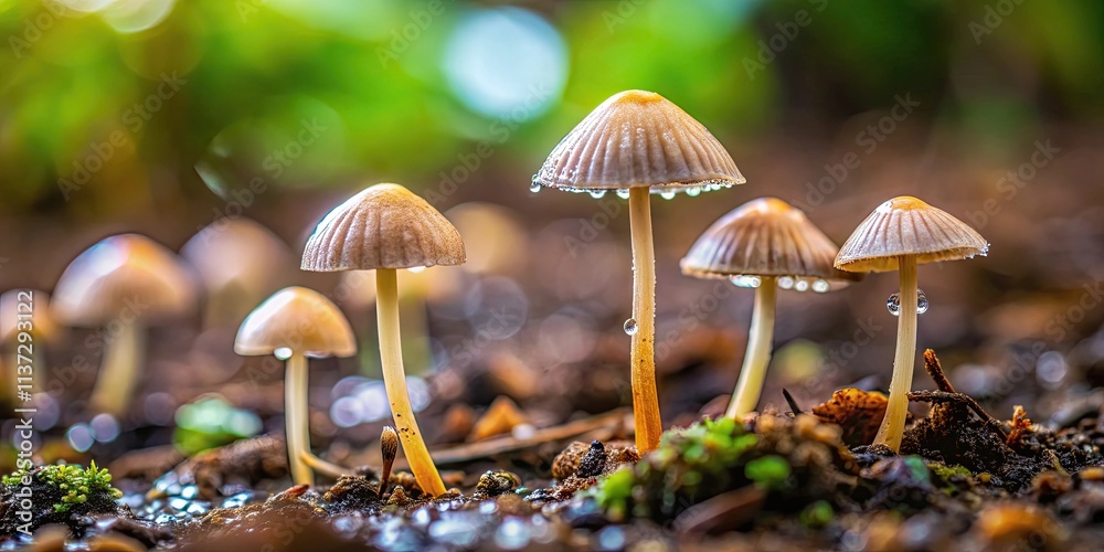 Fototapeta premium Lenticuloid mushroom caps on the ground after rain, lentinus squarrosulus, mushroom caps