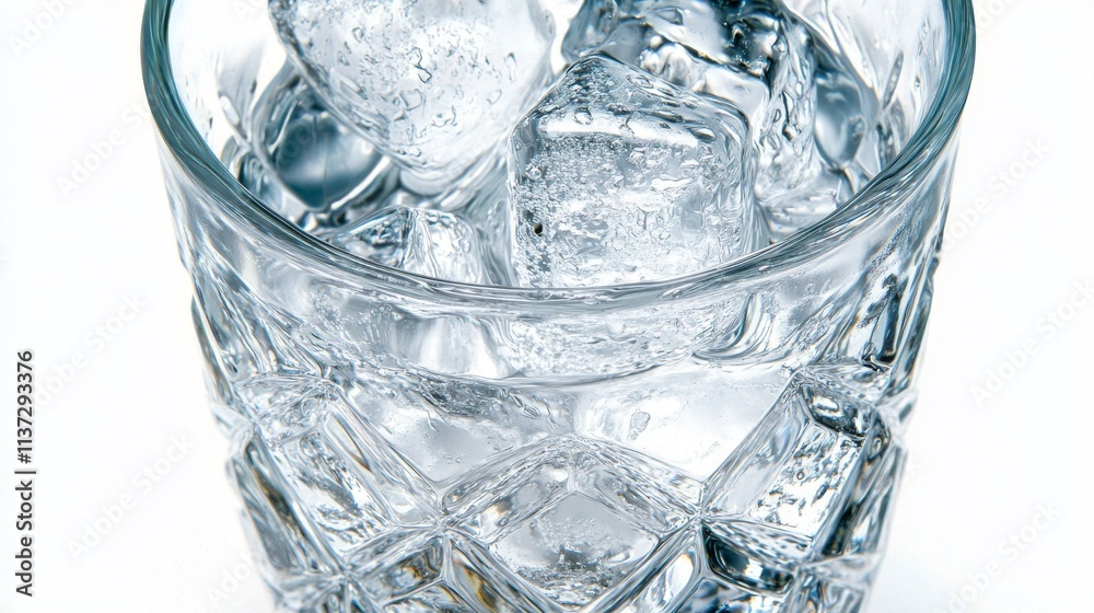 60.Crystal-clear glass of water with chunky ice cubes and light reflections, isolated on a white background; condensation beads add a realistic touch, evoking a sense of cool refreshment. 60.Crystal-clear glass of water with chunky ice cubes and light reflections, isolated on a white background; condensation beads add a realistic touch, evoking a sense of cool refreshment.