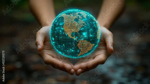 hand reaching out to a glowing digital globe, symbolizing global connectivity, technological advancement, and the human connection to the digital world