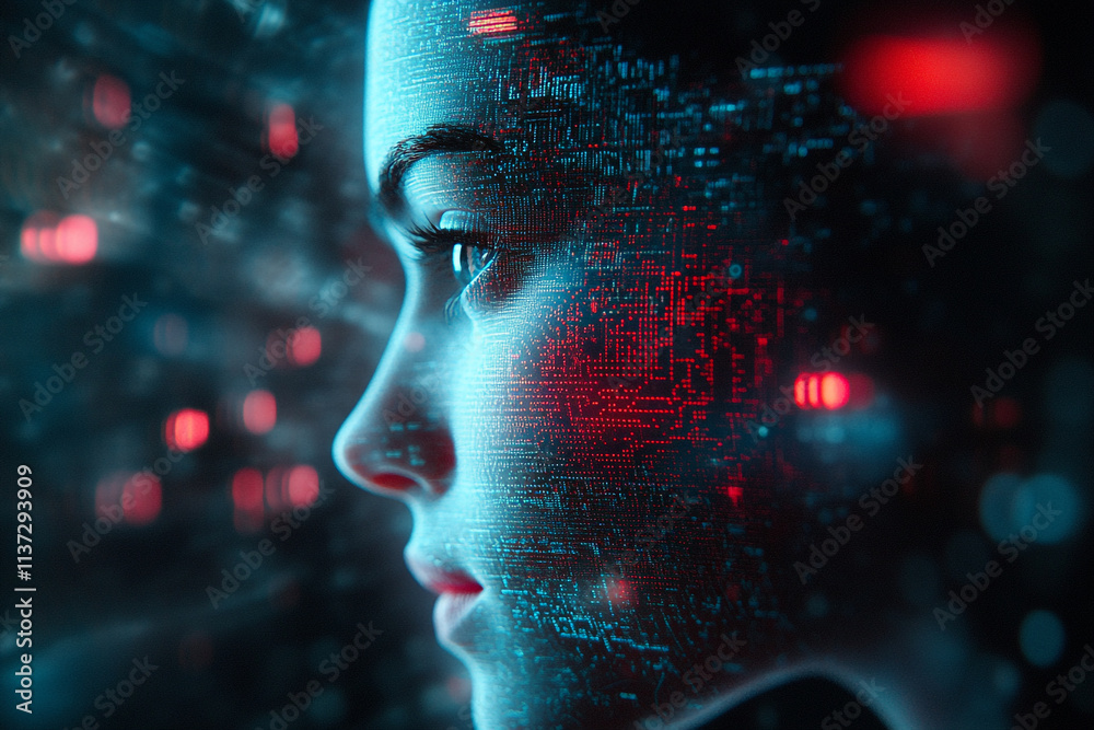 Digital portrait of a woman with futuristic data visualizations on her face Digital portrait of a woman with futuristic data visualizations on her face