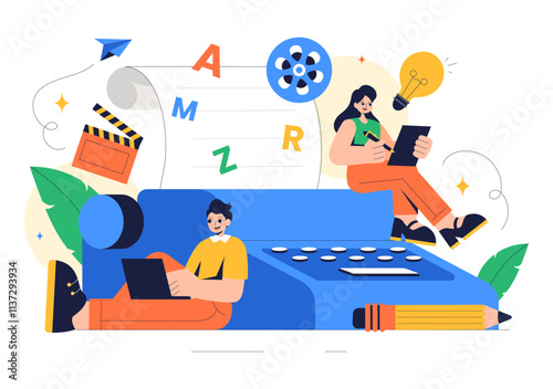 Screenwriter Vector Illustration featuring a Professional Writer and Copywriter for Filmmaking, Cinematography, or Film Production in a Background