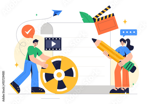 Screenwriter Vector Illustration featuring a Professional Writer and Copywriter for Filmmaking, Cinematography, or Film Production in a Background