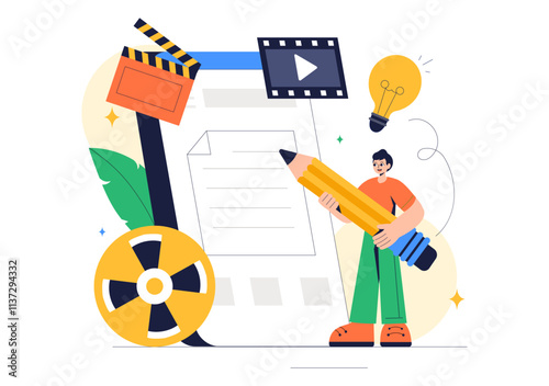 Screenwriter Vector Illustration featuring a Professional Writer and Copywriter for Filmmaking, Cinematography, or Film Production in a Background