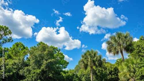 A vibrant blue sky with fluffy clouds above lush green trees in a natural setting.