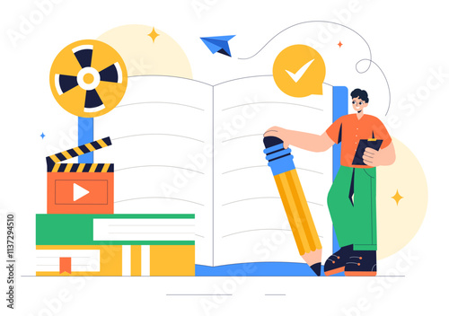 Screenwriter Vector Illustration featuring a Professional Writer and Copywriter for Filmmaking, Cinematography, or Film Production in a Background