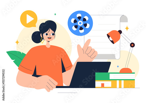 Screenwriter Vector Illustration featuring a Professional Writer and Copywriter for Filmmaking, Cinematography, or Film Production in a Background