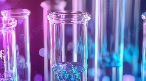 Colorful test tubes filled with liquids, illuminated with vibrant lights, perfect for scientific and laboratory themes.