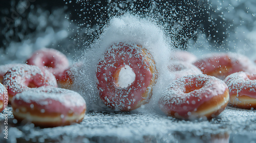 Powdered sugar being dusted over donuts captu photo