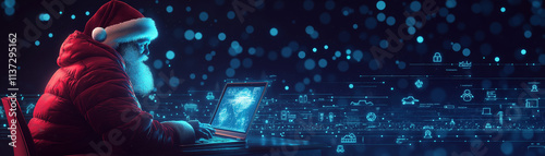 Santa is sitting at a desk with a glowing laptop showing a digital map, while a list of countries and cities pops up on the screen