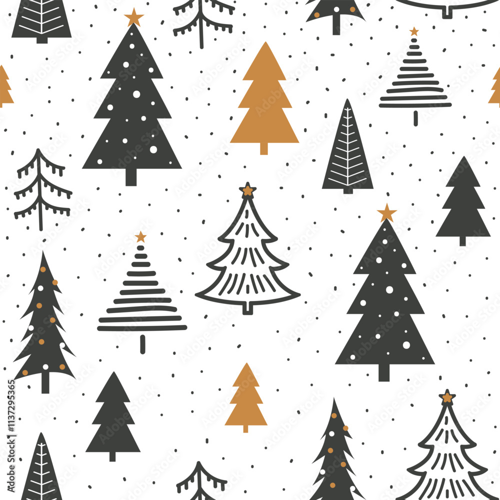Obraz premium Winter seamless pattern with Christmas trees and snowflakes in doodle style. Design for wallpapers, wrapping, cards, fabric, textile and other.
