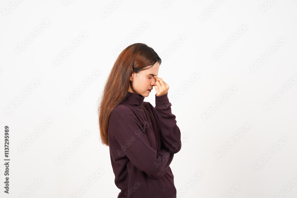 Rubbing nose feel pain on head, Suffering Headache Of Beautiful Asian Woman Isolated On White Background Rubbing nose feel pain on head, Suffering Headache Of Beautiful Asian Woman Isolated On White Background