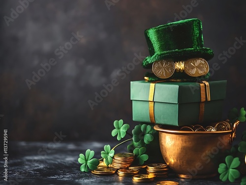 A green Leprechaun hat and gold coins stand out lying on the surface gold coins, symbolizing luck coins, symbolizing luck. photo