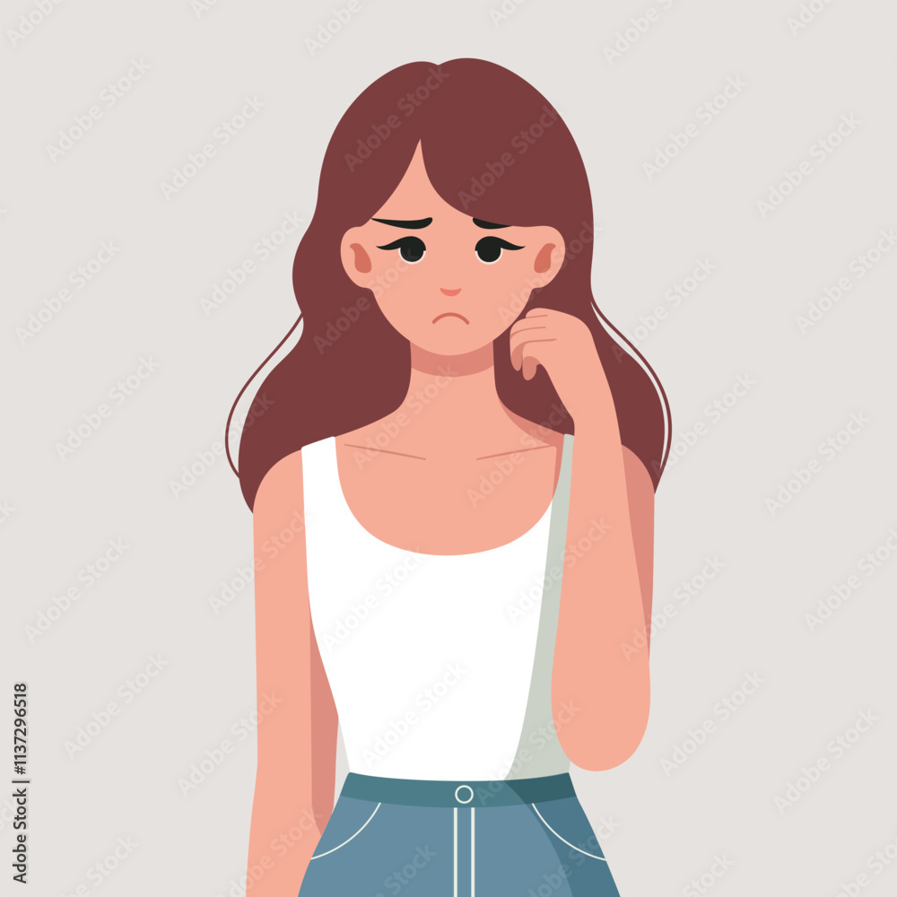 Flat Vector of a Worried Woman with a Frowning Expression Flat Vector of a Worried Woman with a Frowning Expression