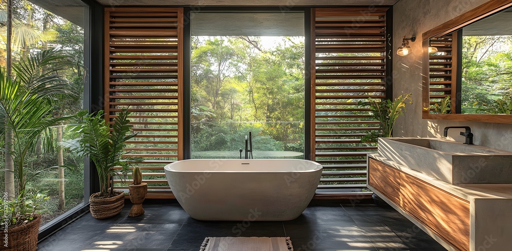 Fototapeta premium Luxurious Modern Bathroom With Tropical Garden View