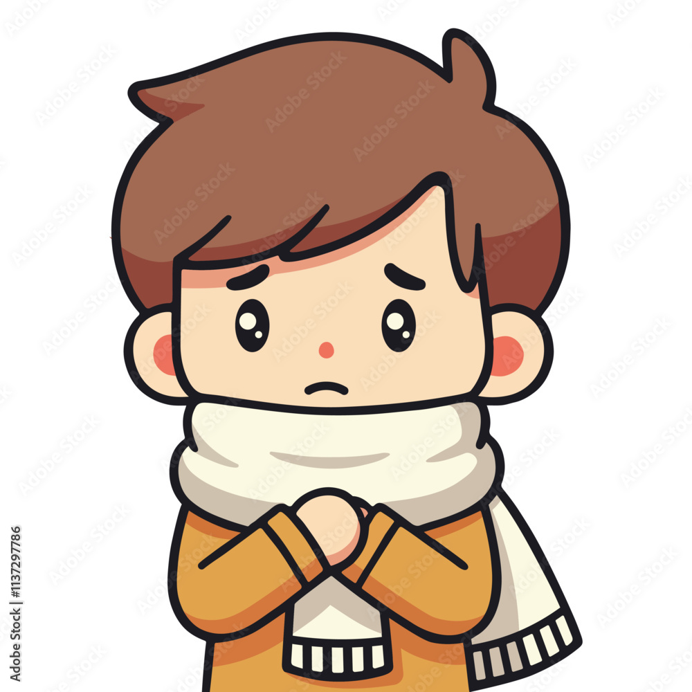 Cute Vector Illustration of a Boy with a Fever, Shivering in Warm Outfit Cute Vector Illustration of a Boy with a Fever, Shivering in Warm Outfit