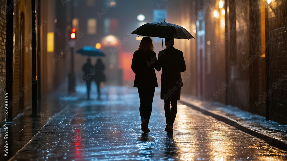 Obraz premium Two Strangers Sharing Umbrella in Rainy Alley
