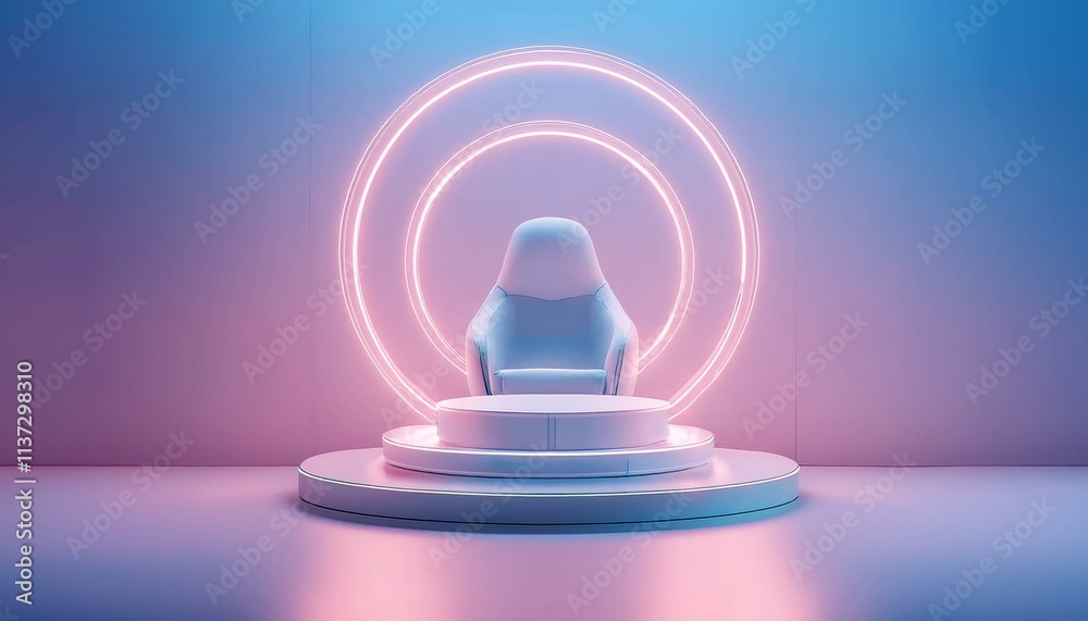3D illustrations from consumer and future technology concepts: Virtual reality gaming setup, immersive experience with holographic visuals.