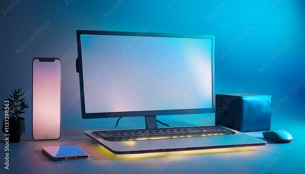 Fototapeta premium 3D illustrations from consumer and future technology concepts: Virtual reality gaming setup, immersive experience with holographic visuals.