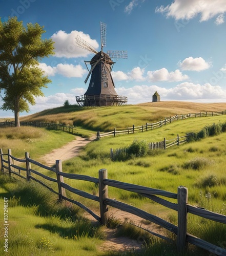 Sunny day in countryside with wooden fence enclosing grassy field and windmill standing tall, summertime, renewing resources