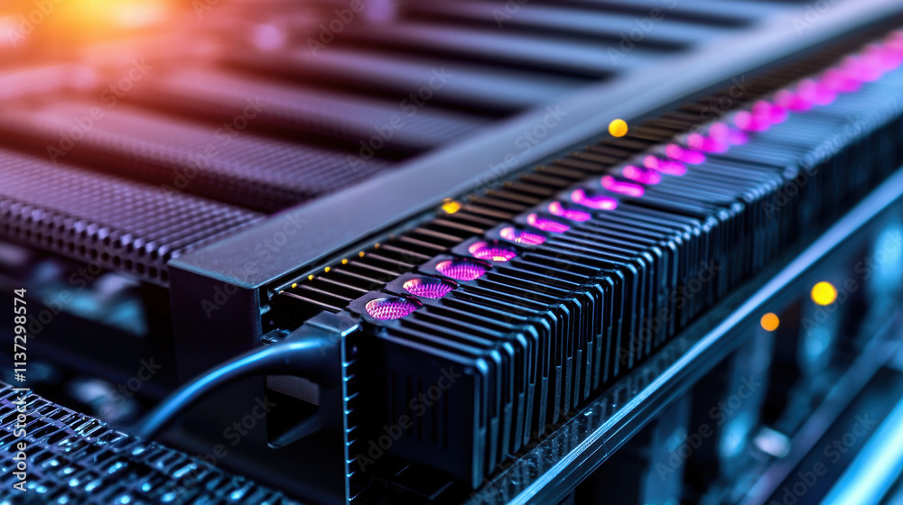 close up of server blades with integrated microfluidic technology, showcasing vibrant lights close up of server blades with integrated microfluidic technology, showcasing vibrant lights