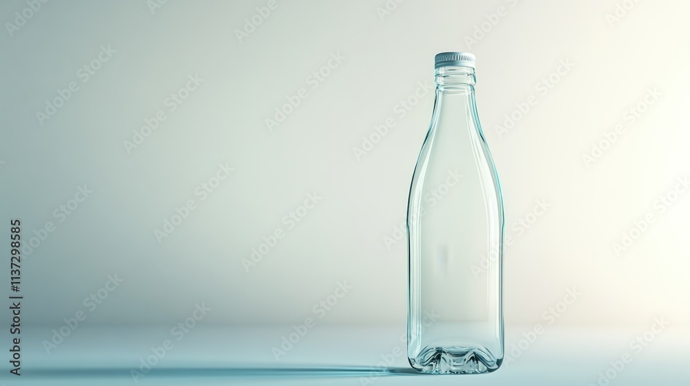 40.High-resolution image of a clear glass water bottle, compact in size with a classic design, positioned against a plain, light background; soft lighting accentuates the pristine transparency and