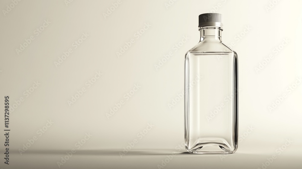 40.High-resolution image of a clear glass water bottle, compact in size with a classic design, positioned against a plain, light background; soft lighting accentuates the pristine transparency and 40.High-resolution image of a clear glass water bottle, compact in size with a classic design, positioned against a plain, light background; soft lighting accentuates the pristine transparency and