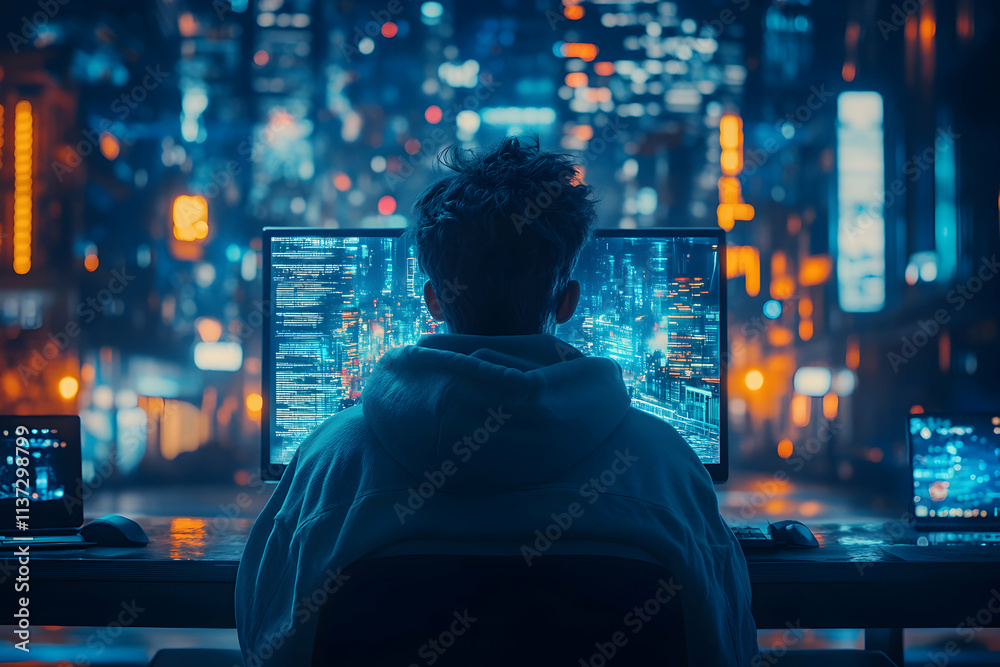 Cyberpunk Cityscape, Programmer Codes at Night, Illuminated by Digital Metropolis Cyberpunk Cityscape, Programmer Codes at Night, Illuminated by Digital Metropolis
