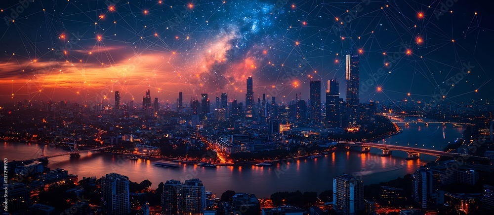 Fototapeta premium Vibrant Milky Way Galaxy Cityscape with Skyscrapers and Glowing Skyline at Night