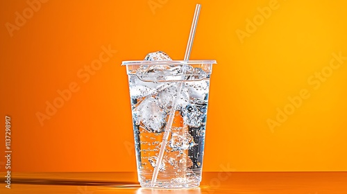 Refreshing Iced Drink in Plastic Cup Orange Background
