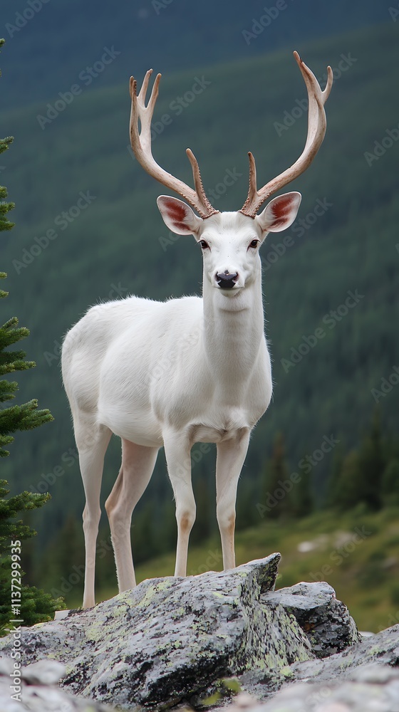 A majestic white deer with perfect antlers, and beautiful mountain forest views A majestic white deer with perfect antlers, and beautiful mountain forest views