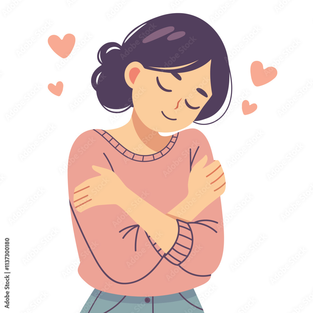Flat Vector Art of a Woman Embracing Herself with the Concept of Self Love and Mental Health Flat Vector Art of a Woman Embracing Herself with the Concept of Self Love and Mental Health