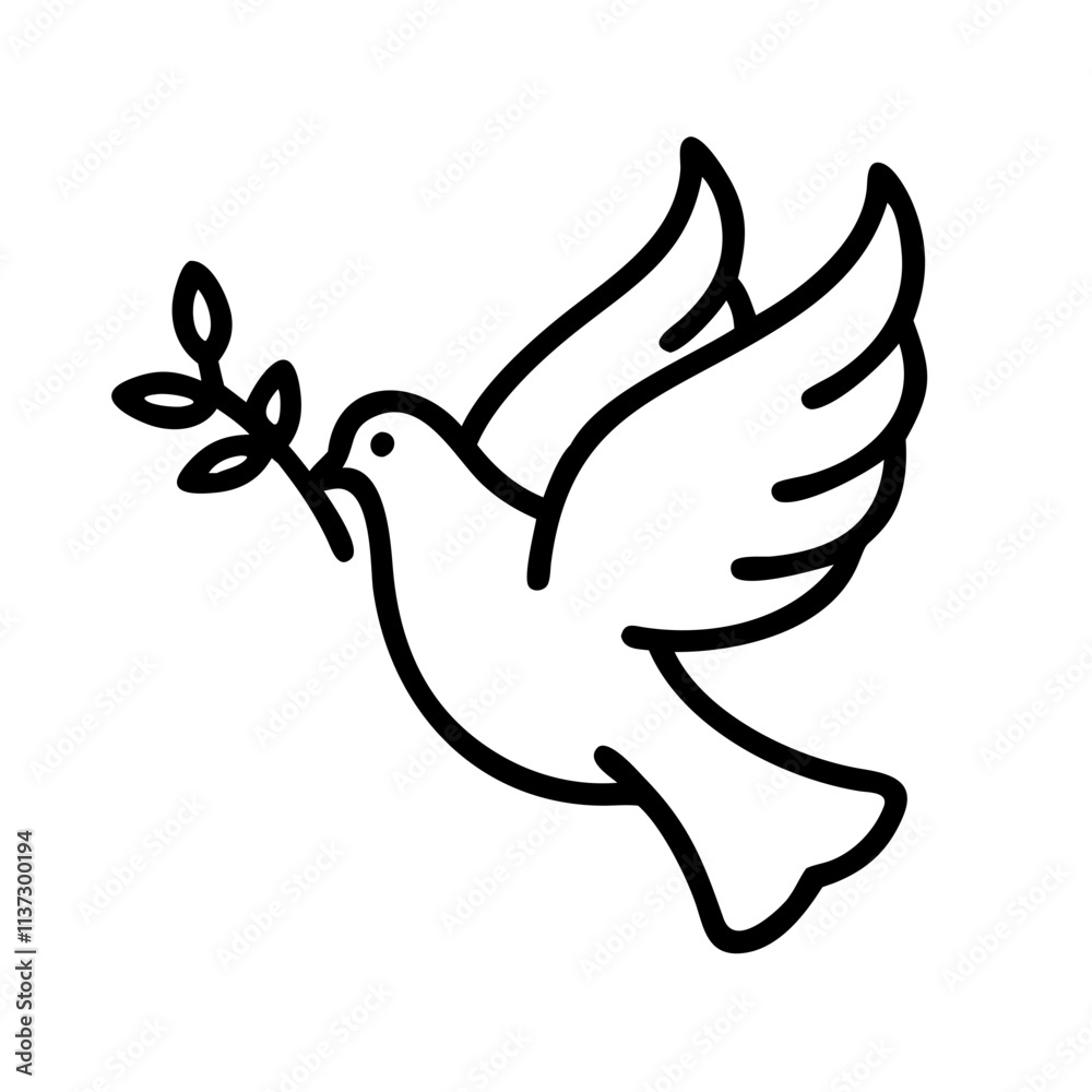dove with olive branch icon, day of peace line art, day of peace icon - simple black line art icon of dove with olive branch, for day of peace celebrations. day of peace vector art.